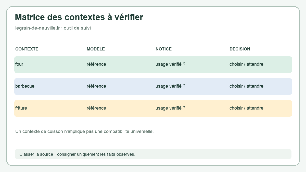 Tableau qui sépare four, barbecue et friture et associe chaque contexte à un modèle et à une vérification de notice.